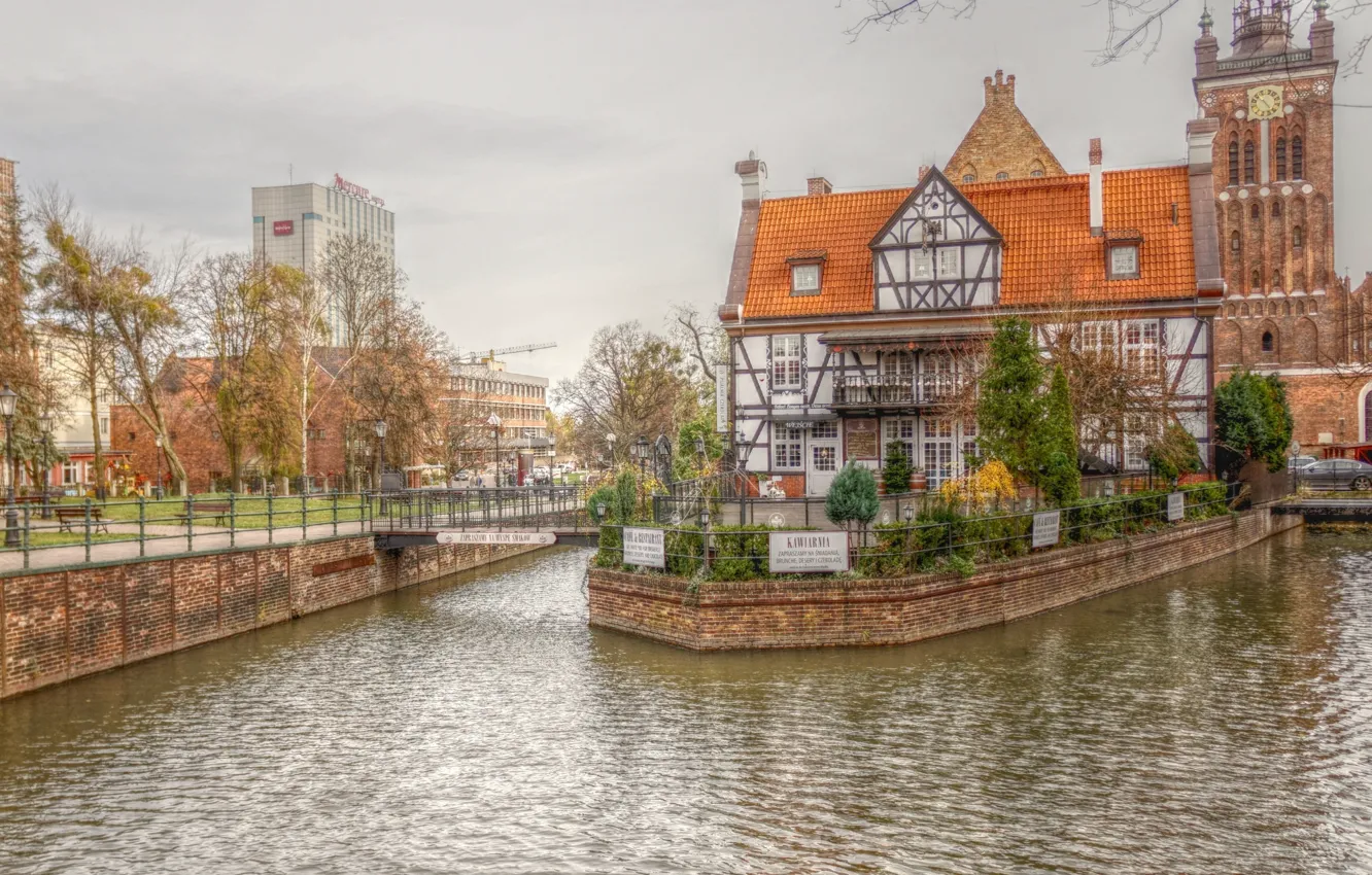 Photo wallpaper river, street, building, Gdansk
