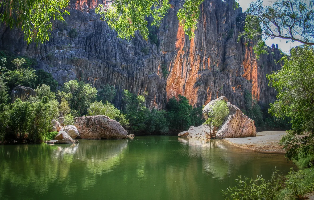 Photo wallpaper trees, mountains, lake, stones, rocks