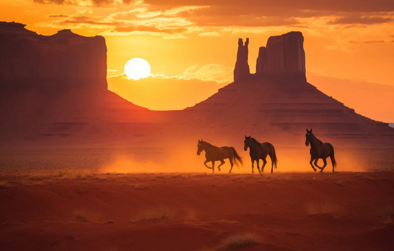 Photo wallpaper light, dust, horses