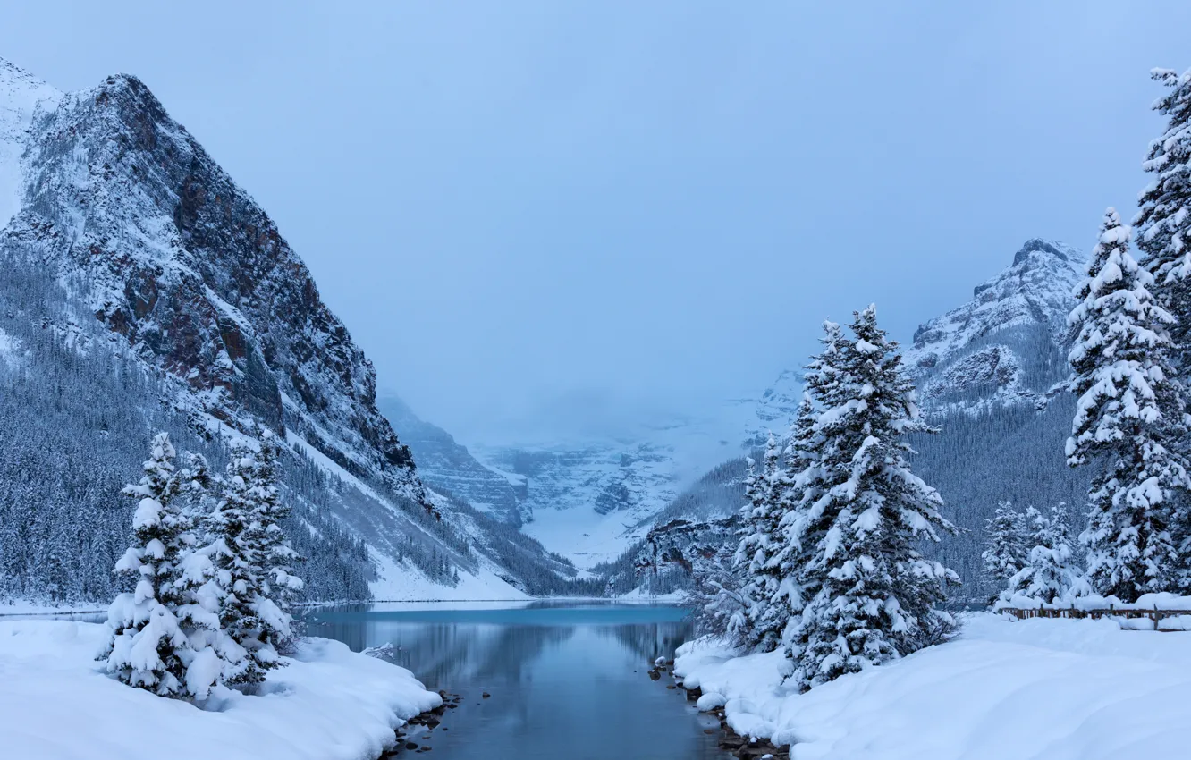 Photo wallpaper winter, snow, trees, mountains, lake, ate, Canada, Albert
