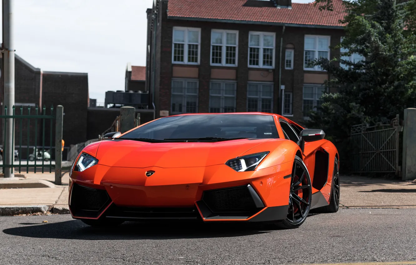 Photo wallpaper Lamborghini, House, Orange, Street, Aventador