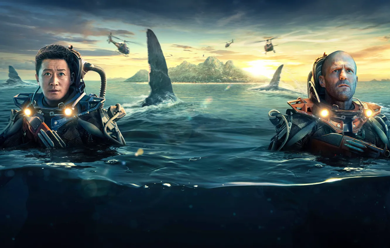 Photo wallpaper sea, fiction, shark, male, horror, USA, helicopter, two