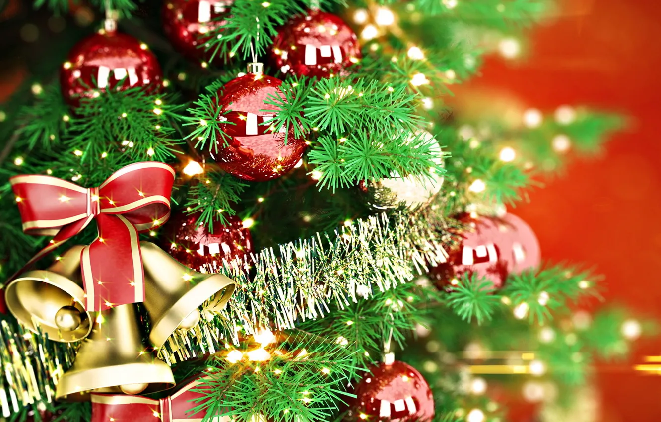 Photo wallpaper tree, new year, tinsel, bells, bow, Christmas balls