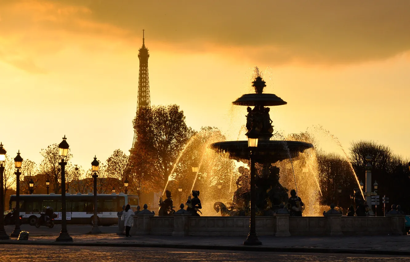 Photo wallpaper the sky, water, drops, sunset, squirt, France, Paris, lights