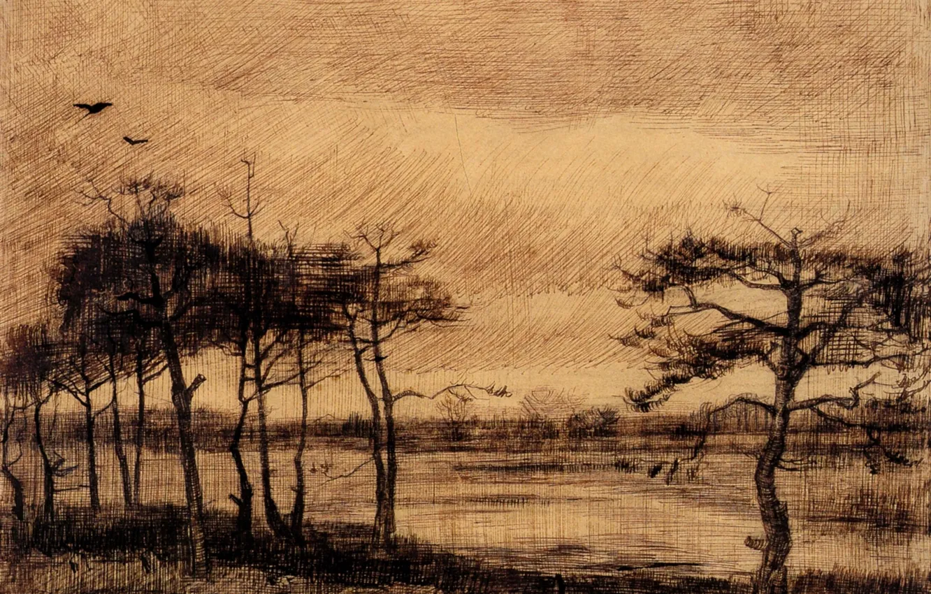 Photo wallpaper trees, bird, Vincent van Gogh, Pine Trees in the Fen