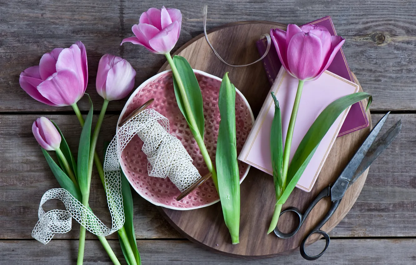 Photo wallpaper Pink, tulips, scissors