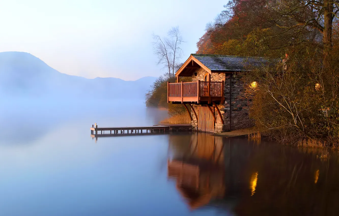 Photo wallpaper autumn, fog, lake, dawn, pier, the barn