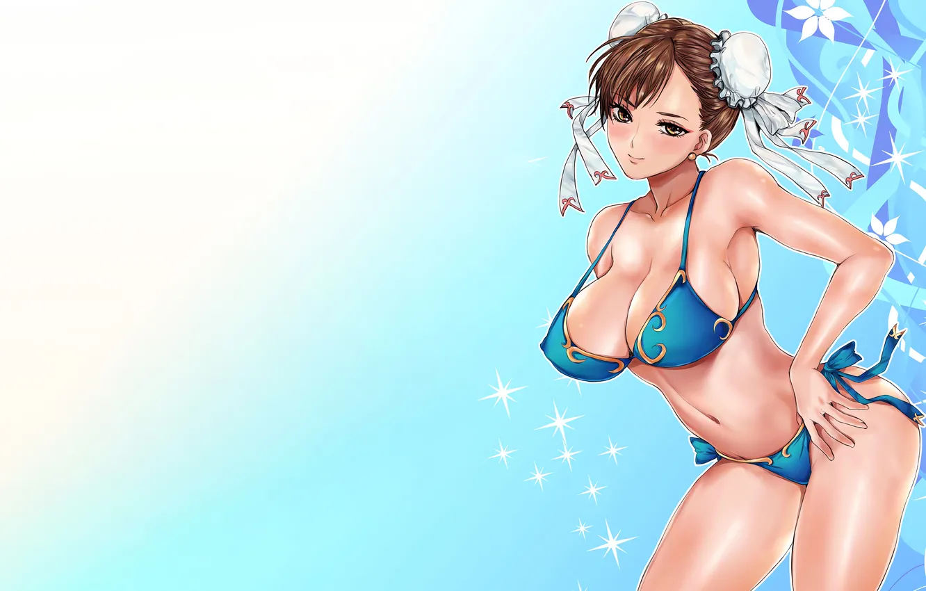 Photo wallpaper girl, sexy, cleavage, brown hair, boobs, anime, beautiful, red eyes
