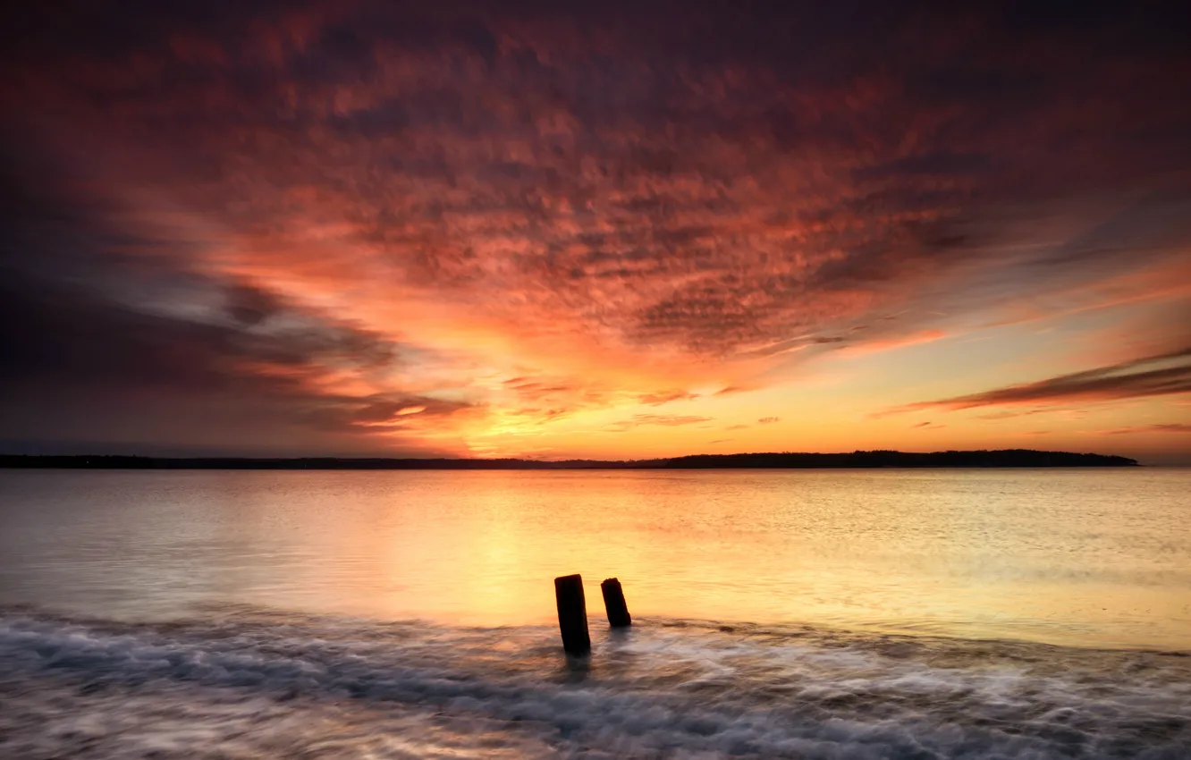 Photo wallpaper sea, the sky, clouds, dawn, shore, Morning, Bay