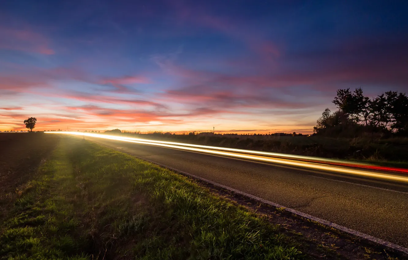 Photo wallpaper road, sunset, lights