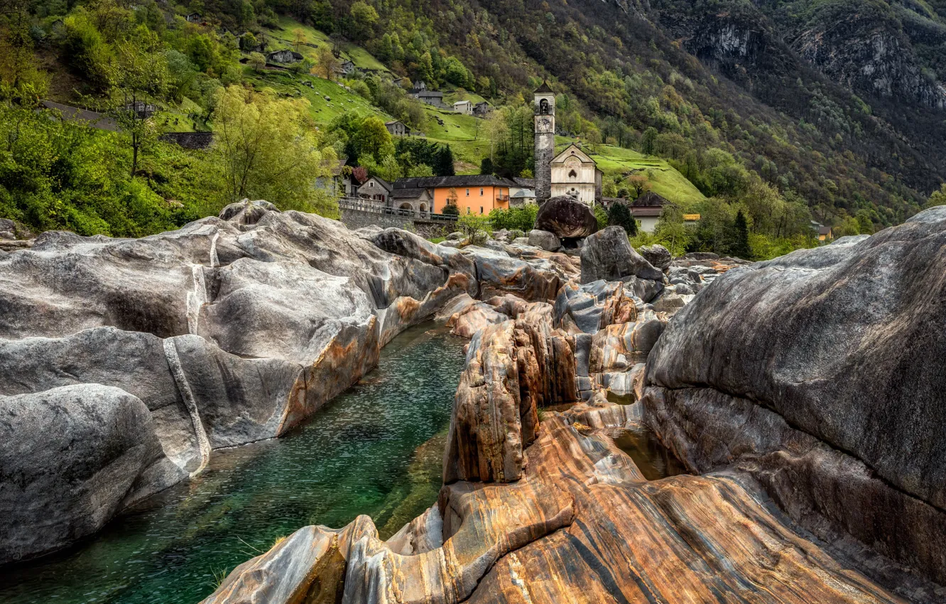 Photo wallpaper landscape, nature, river, stones, Switzerland, Alexander the Silent, Verdzaska