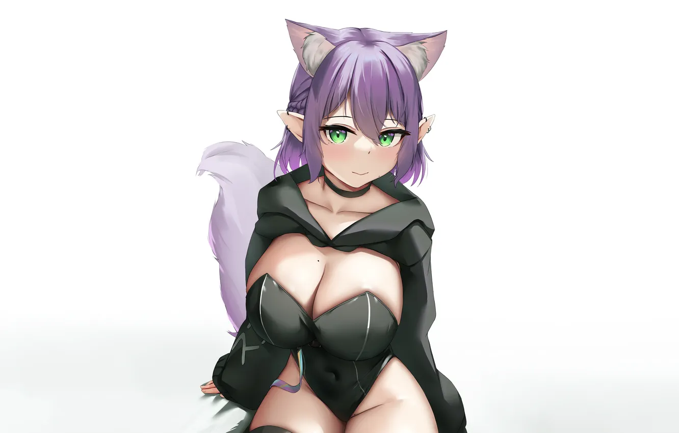 Photo wallpaper girl, sexy, cleavage, green eyes, boobs, animal ears, anime, beautiful