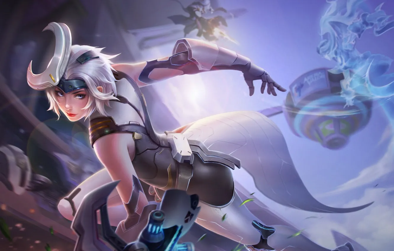 Photo wallpaper the sky, look, flight, weapons, arena, gesture, beautiful girl, stand