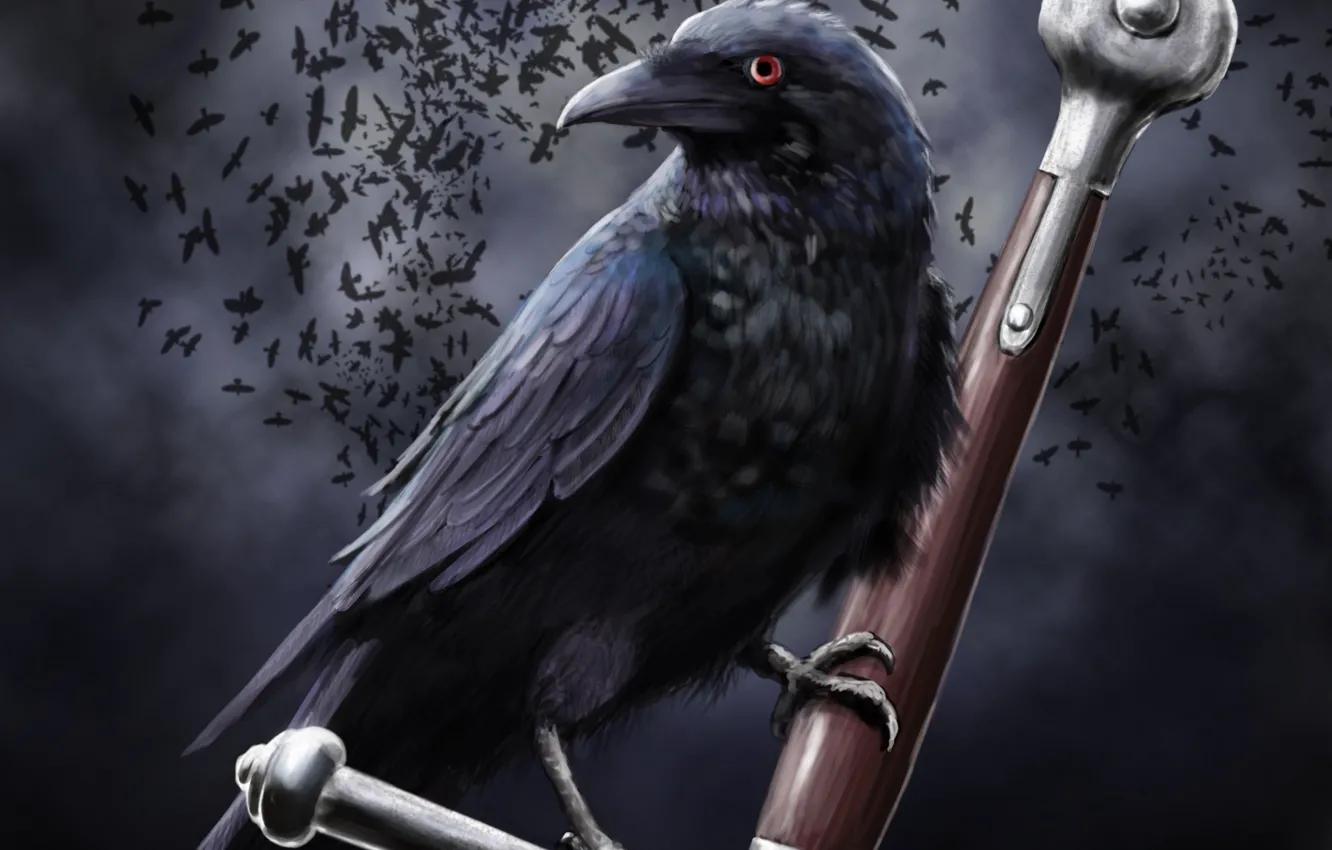 Photo wallpaper clouds, sword, art, Raven, arm, crow