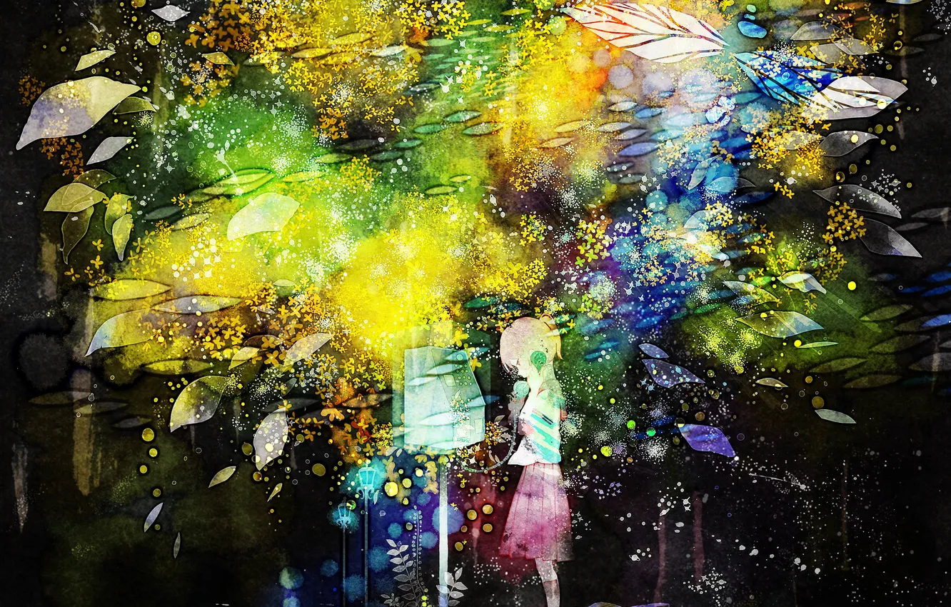 Photo wallpaper girl, plants, anime, dragonfly, art, lights, phone, schoolgirl