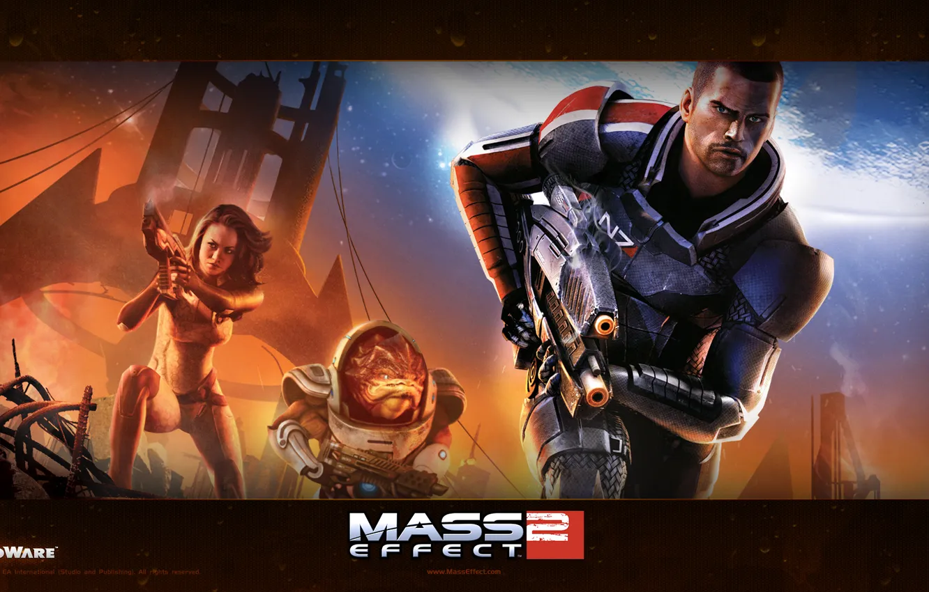 Photo wallpaper mass effect 2, shepard, miranda lawson, krogan, grunt