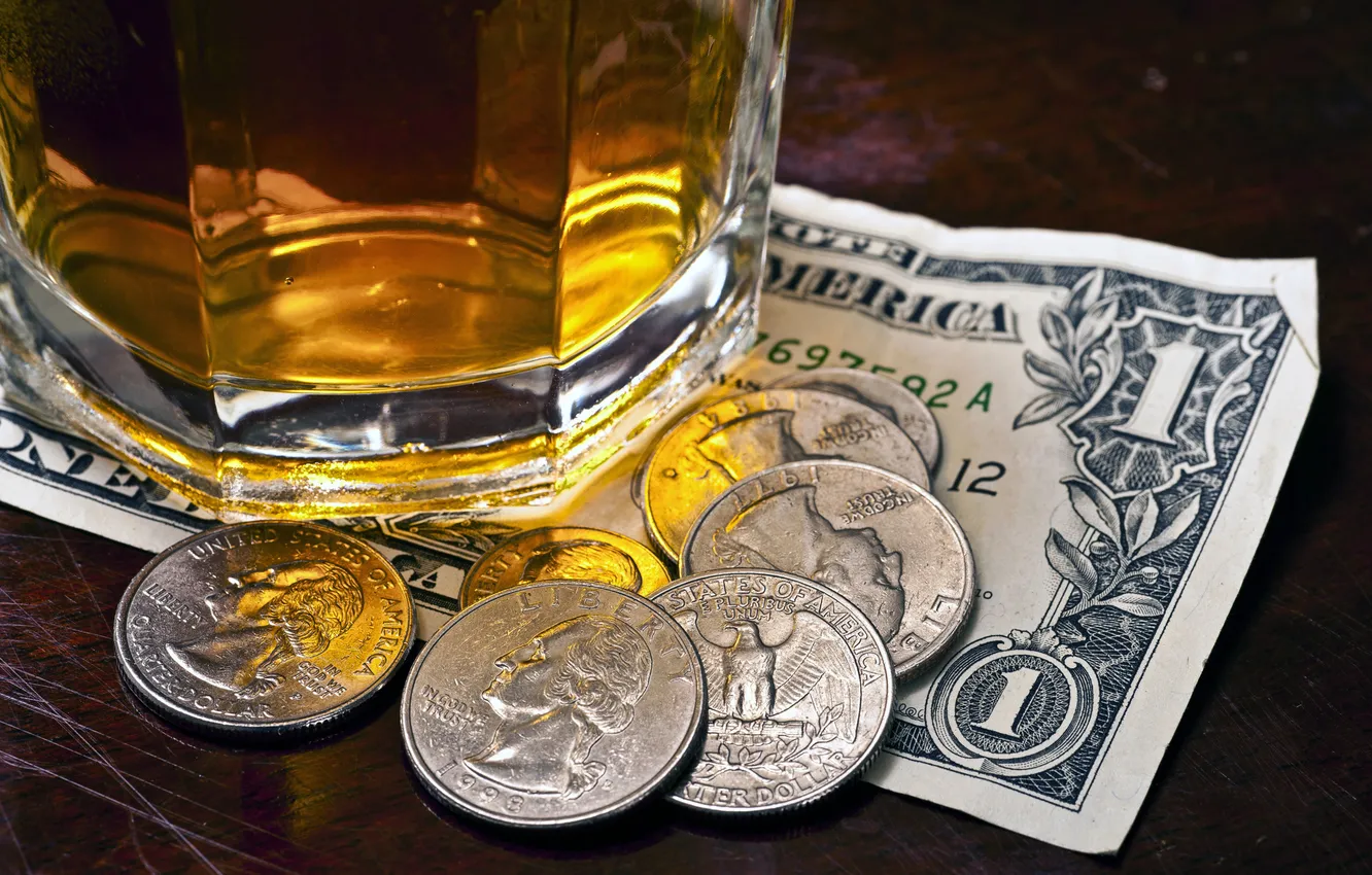 Photo wallpaper bar, money, dollar, coins, alcoholic beverage, banknote