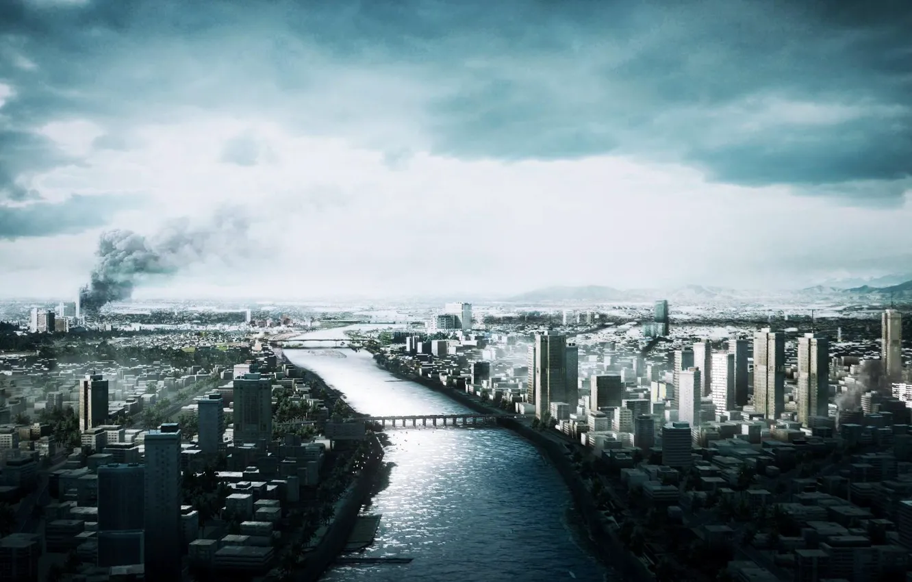 Photo wallpaper bridge, the city, river, street, building, battlefield