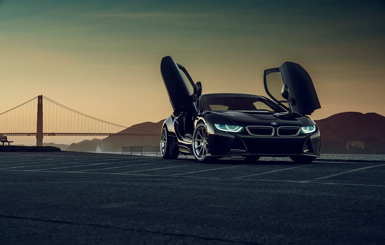 Photo wallpaper sunset, mountains, bridge, Gran Turismo, BMW i8