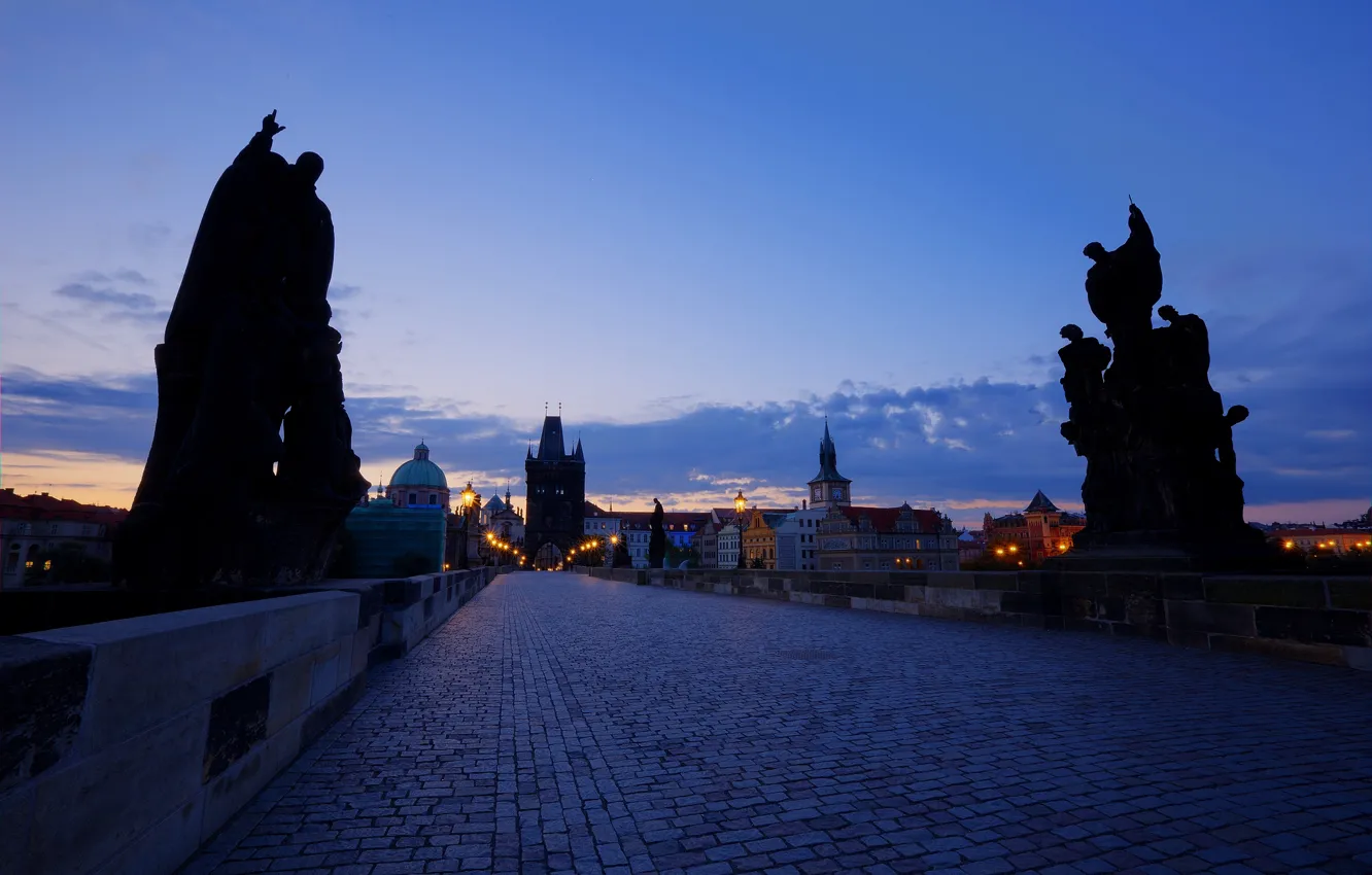 Photo wallpaper the sky, clouds, sunset, the city, lights, blue, building, home
