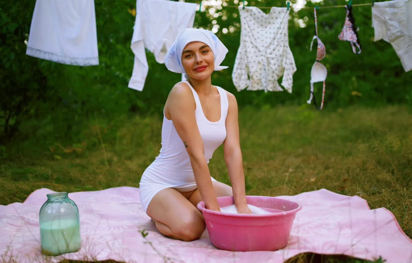 Photo wallpaper girl, linen, wash