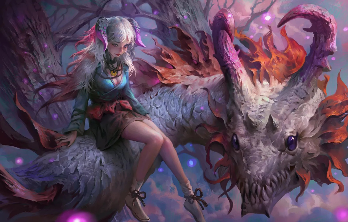 Photo wallpaper girl, fantasy, horns, legs, purple eyes, dragon, digital art, artwork