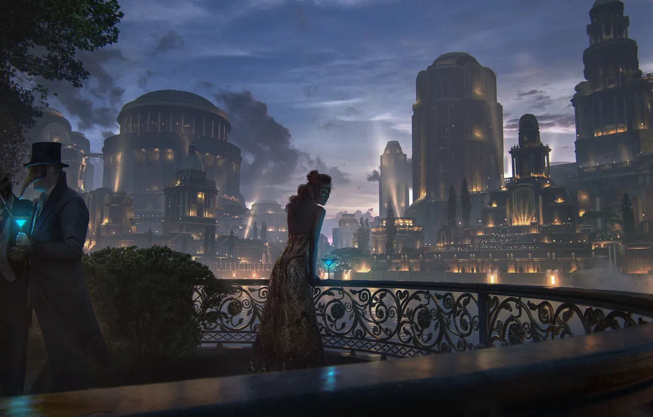 Photo wallpaper girl, night, the city, people, balcony, masquerade