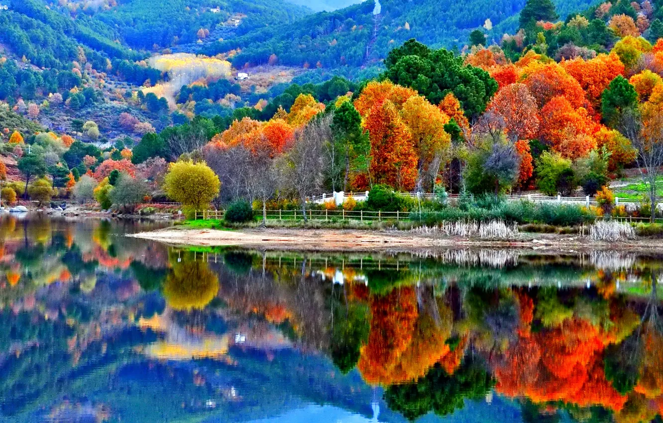 Photo wallpaper autumn, trees, mountains, lake, slope