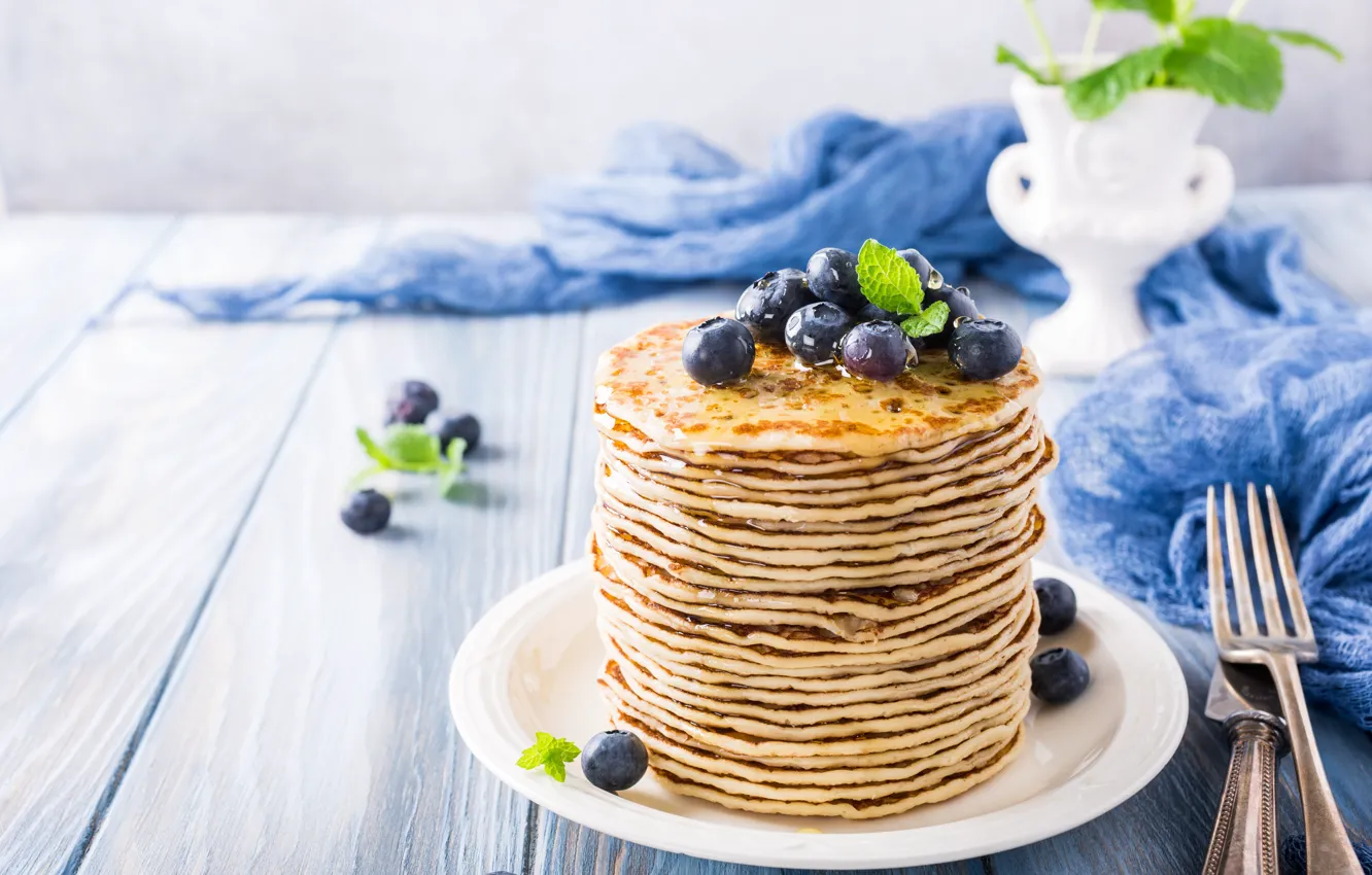 Photo wallpaper berries, blueberries, honey, pancakes, pancakes