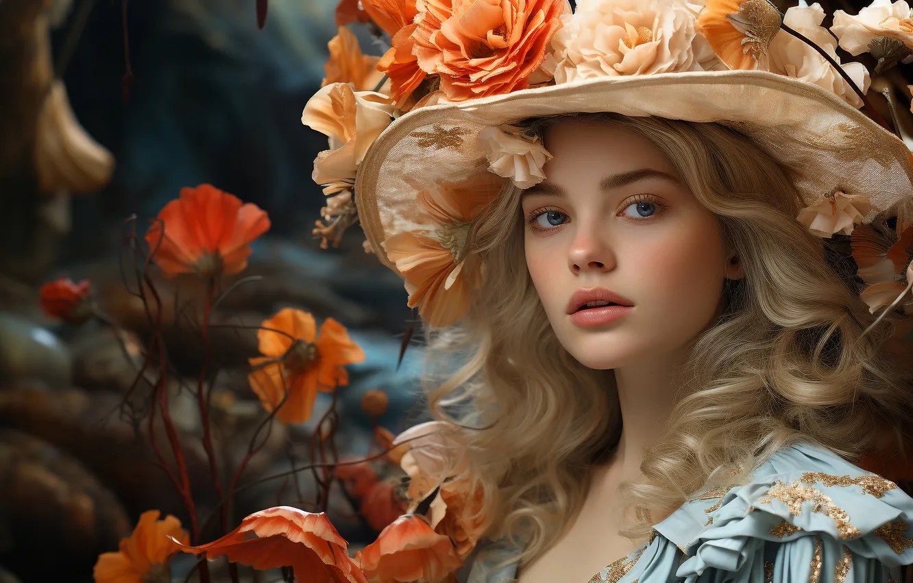 Photo wallpaper girl, flowers, portrait, hat, blonde, AI art, neural network