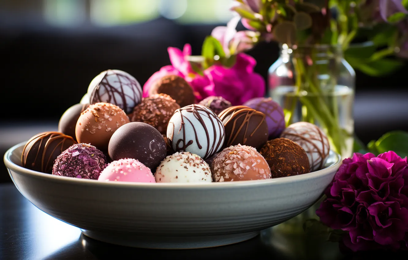 Photo wallpaper balls, flowers, candy, chocolate, AI art, neural network