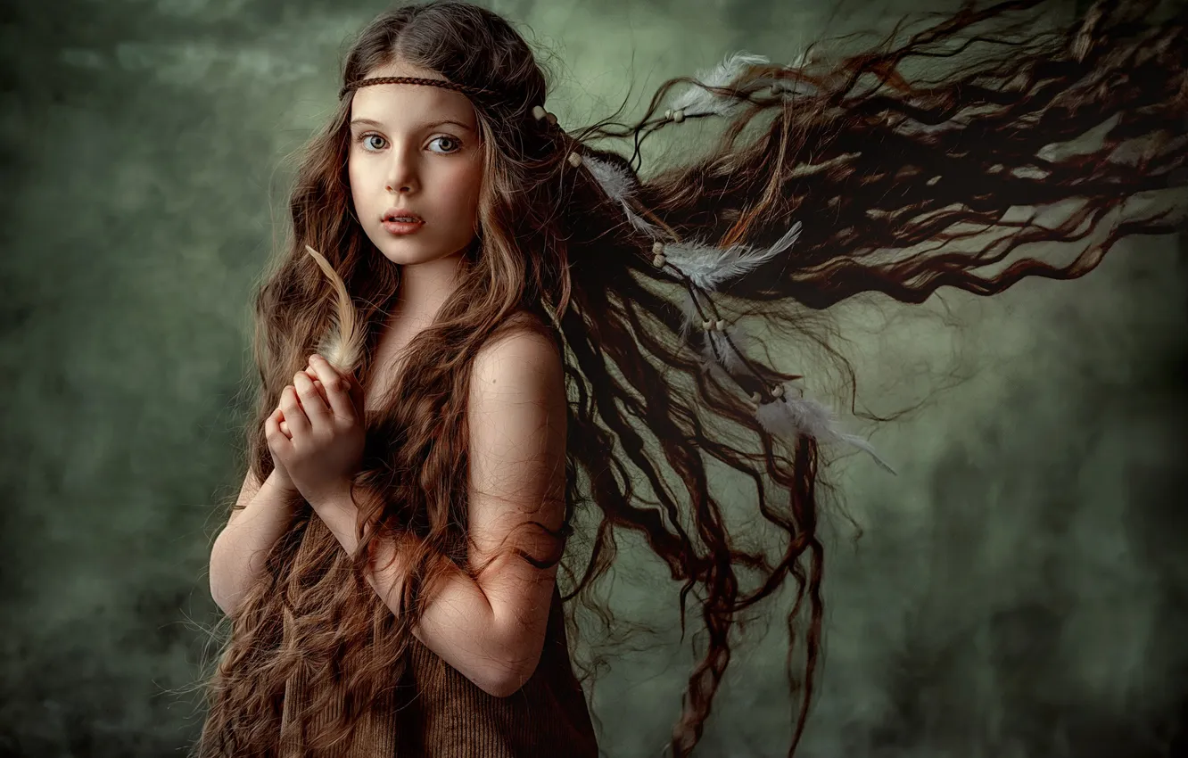 Photo wallpaper look, background, feathers, hands, girl, long hair, Irina Ganich