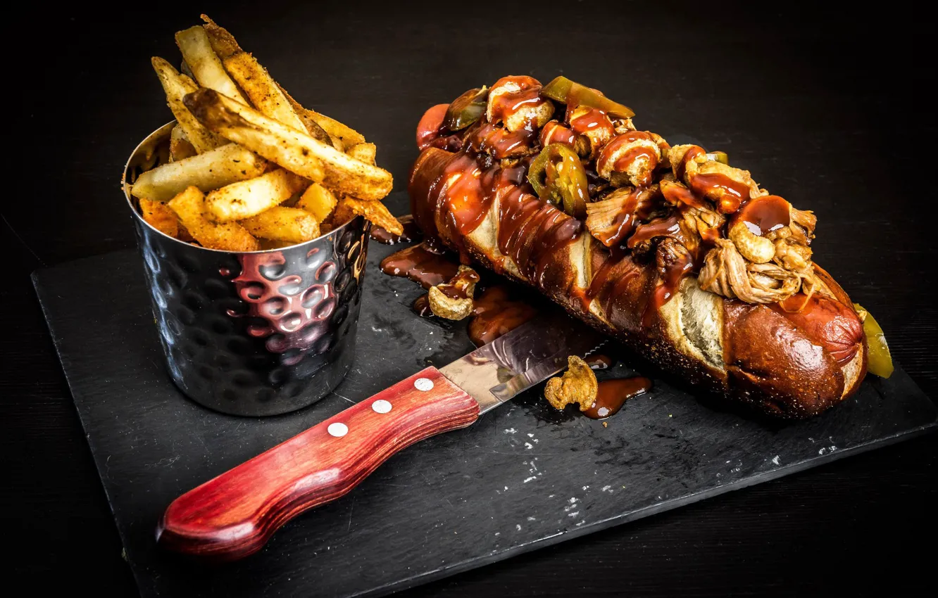 Photo wallpaper background, sausage, knife, pepper, sauce, delicious, buns, French fries