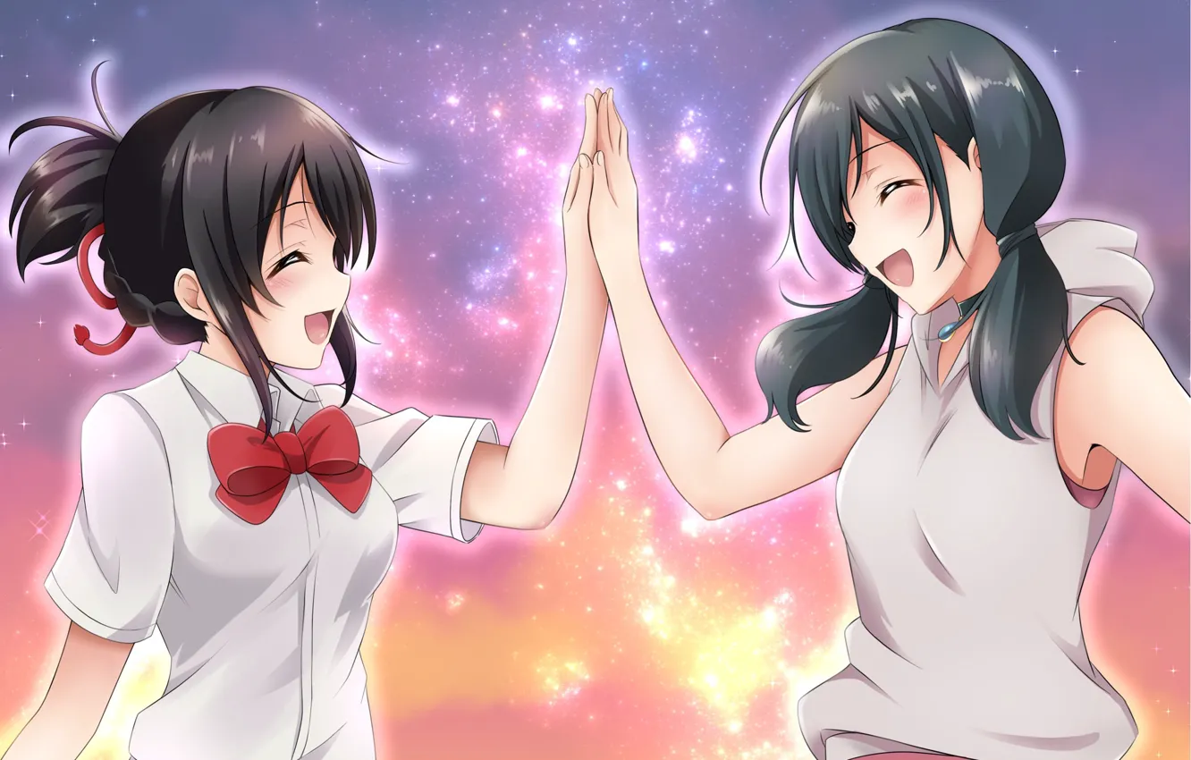Photo wallpaper sunset, girls, laughter, the evening, Your Name, Kimi No VA On