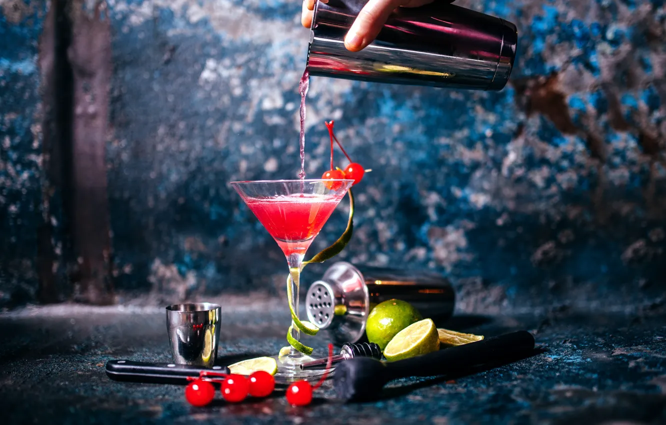 Photo wallpaper cherry, cocktail, lime, glass