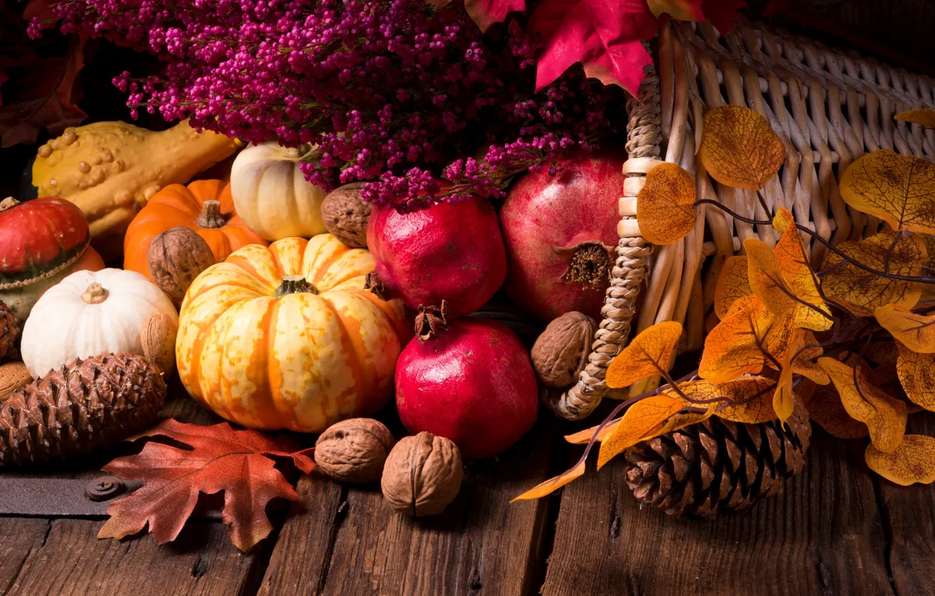 Photo wallpaper autumn gifts, nuts, pumpkin, garnet, leaves