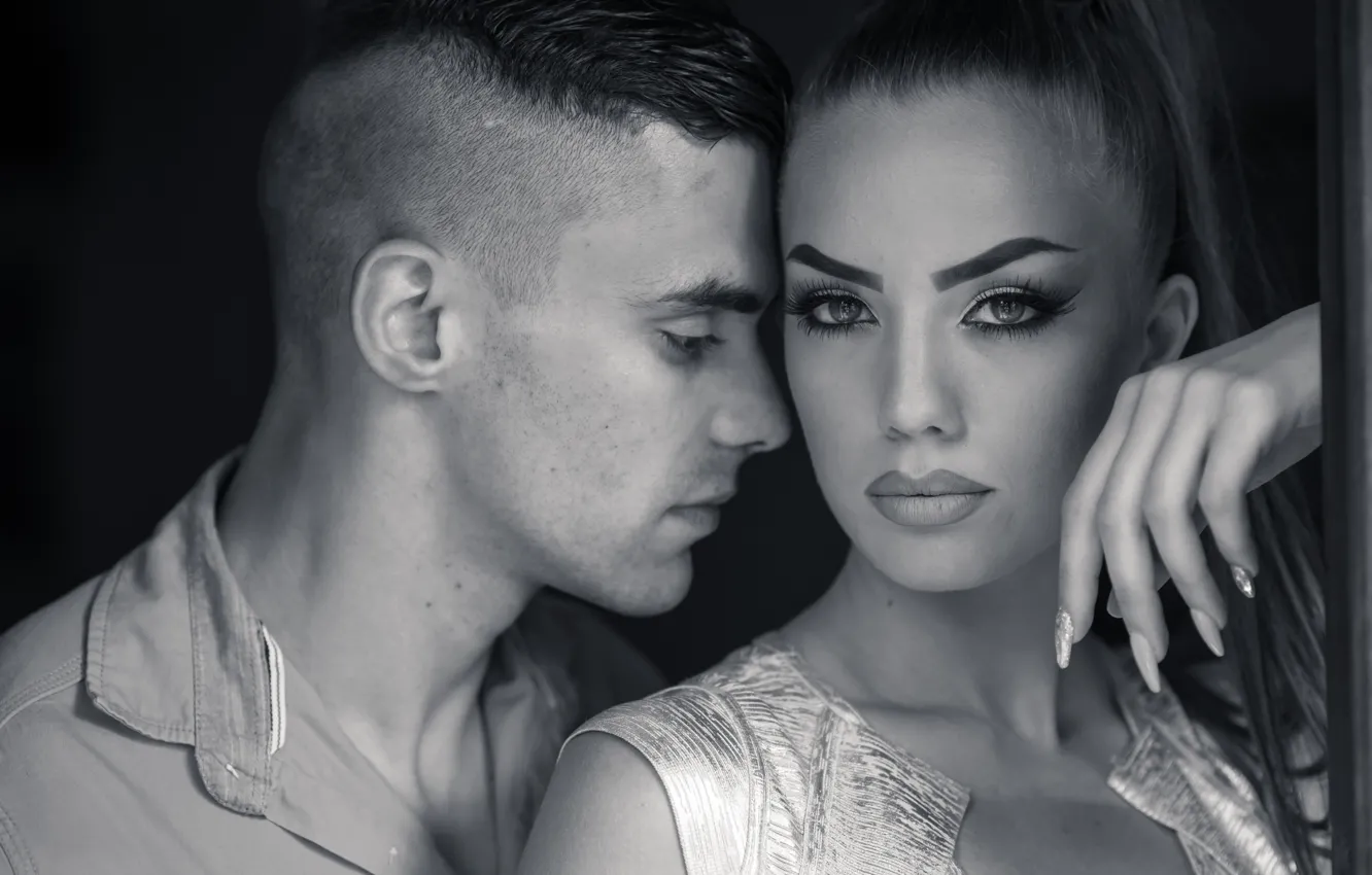 Photo wallpaper girl, haircut, makeup, pair, love, guy, manicure, Black&White Photo