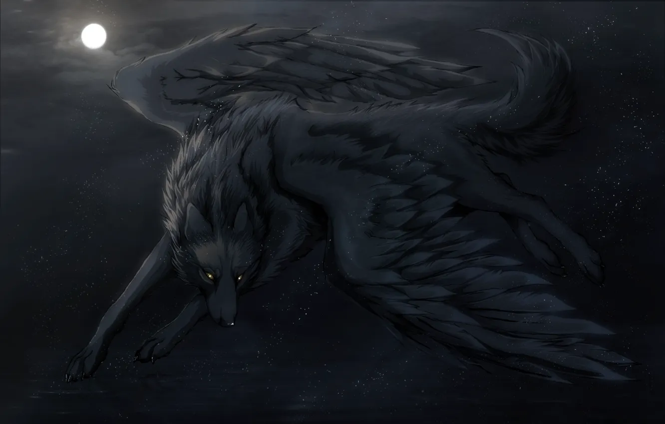 Photo wallpaper night, the moon, wolf, wings, art, art, Night Dreams, Dark_Sheyn