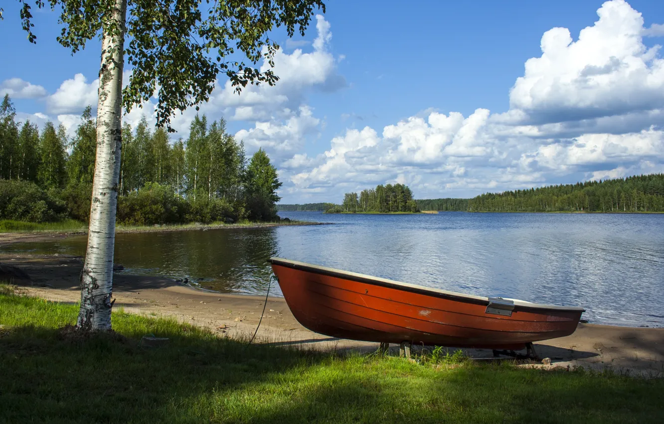 Photo wallpaper The sky, Nature, Clouds, Lake, Boat, Nature, Clouds, Sky