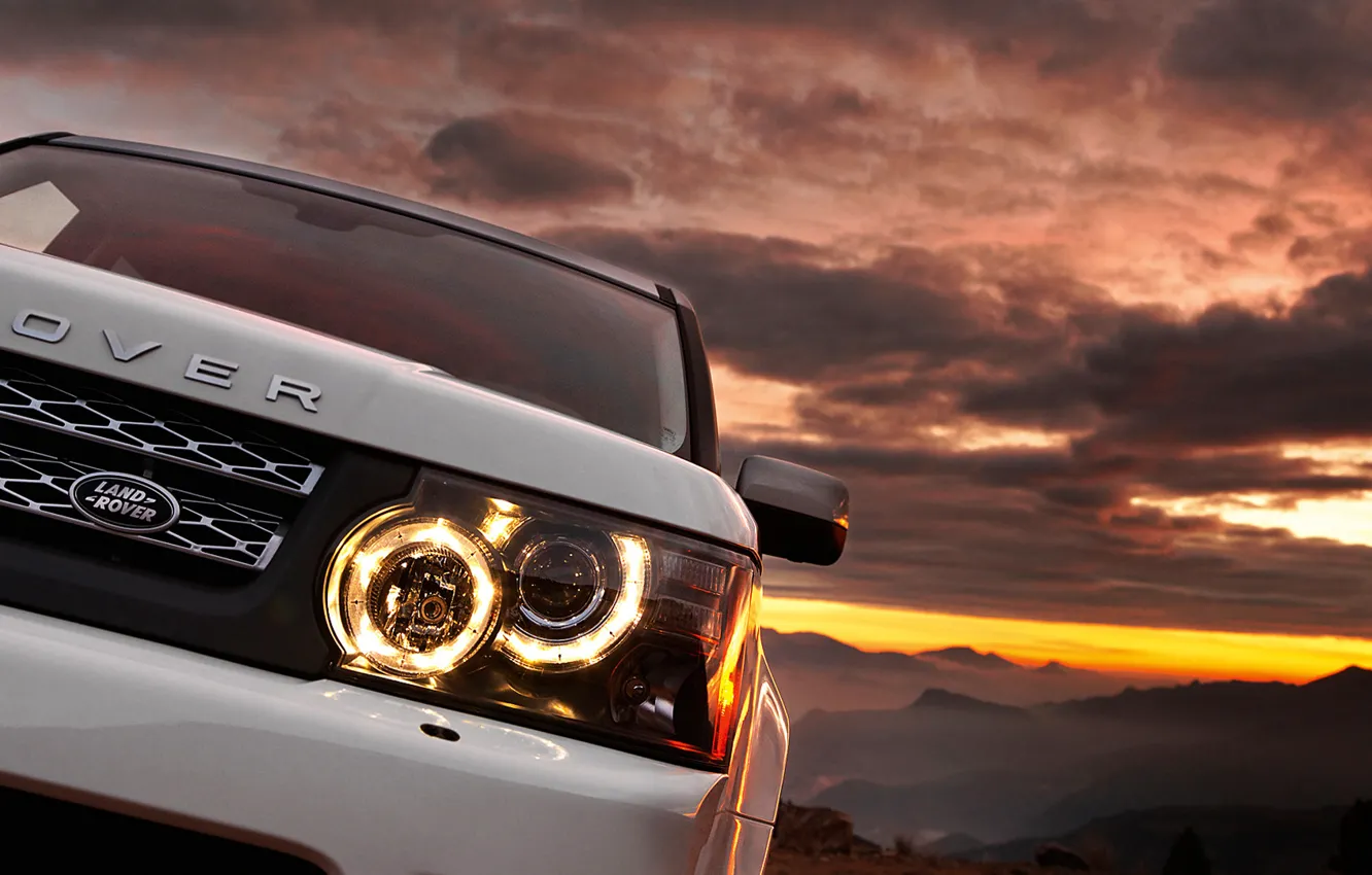 Photo wallpaper auto, white, sunset, mountains, range rover