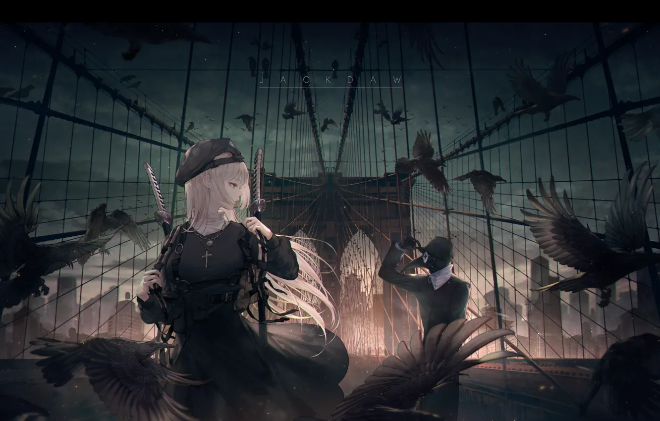 Photo wallpaper girl, birds, bridge, crows, swords, seol