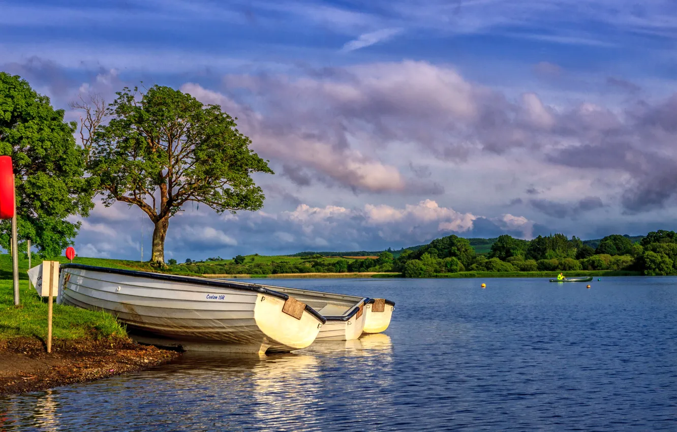 Photo wallpaper clouds, trees, lake, shore, boat, Scotland, Loch Ken Holiday Park