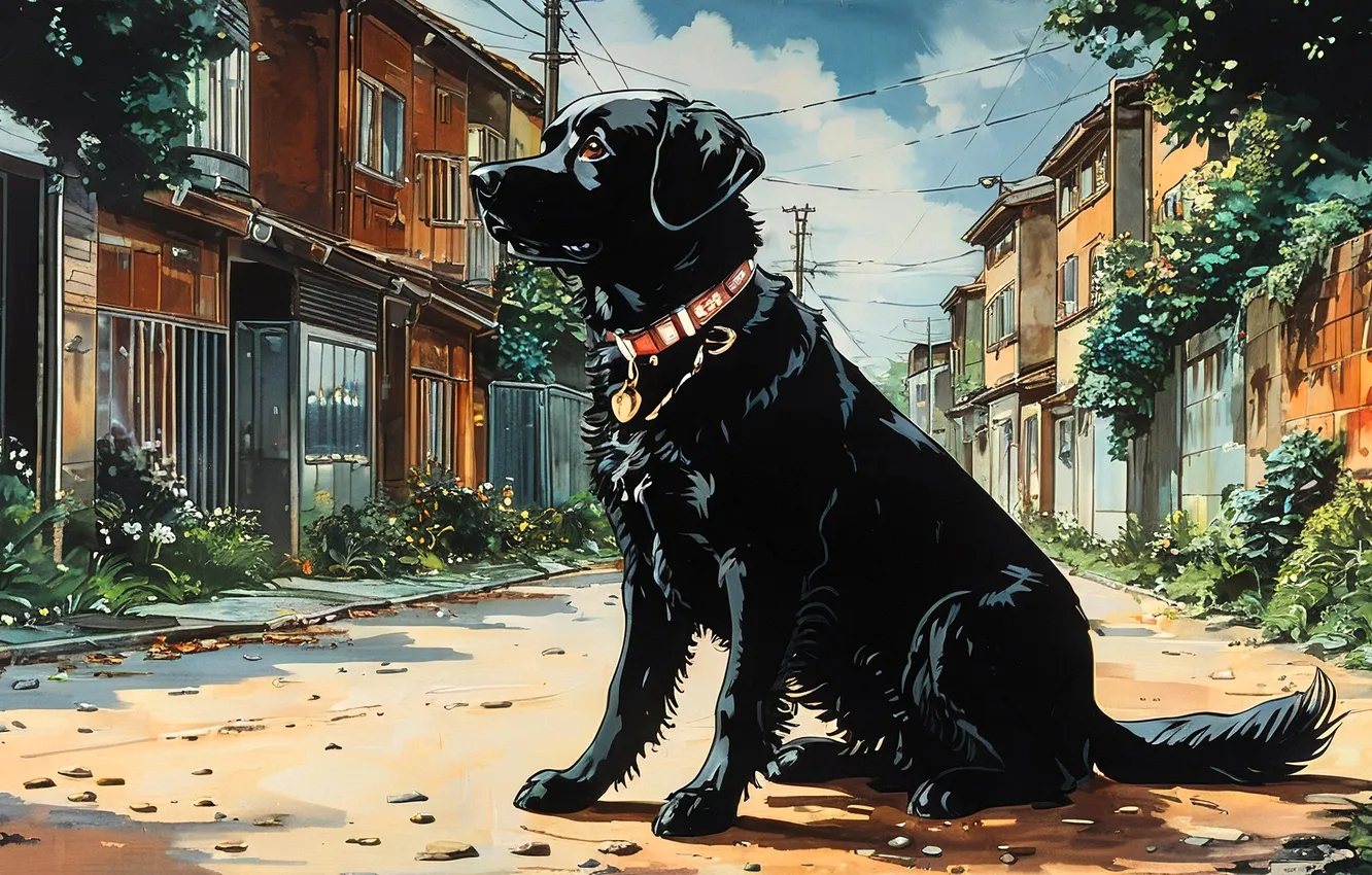 Photo wallpaper the city, street, black, home, dog, collar, dog