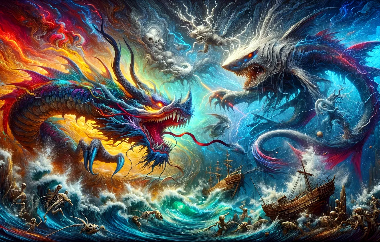 Photo wallpaper war, dragon, the opposition, being, fantasy, skeleton