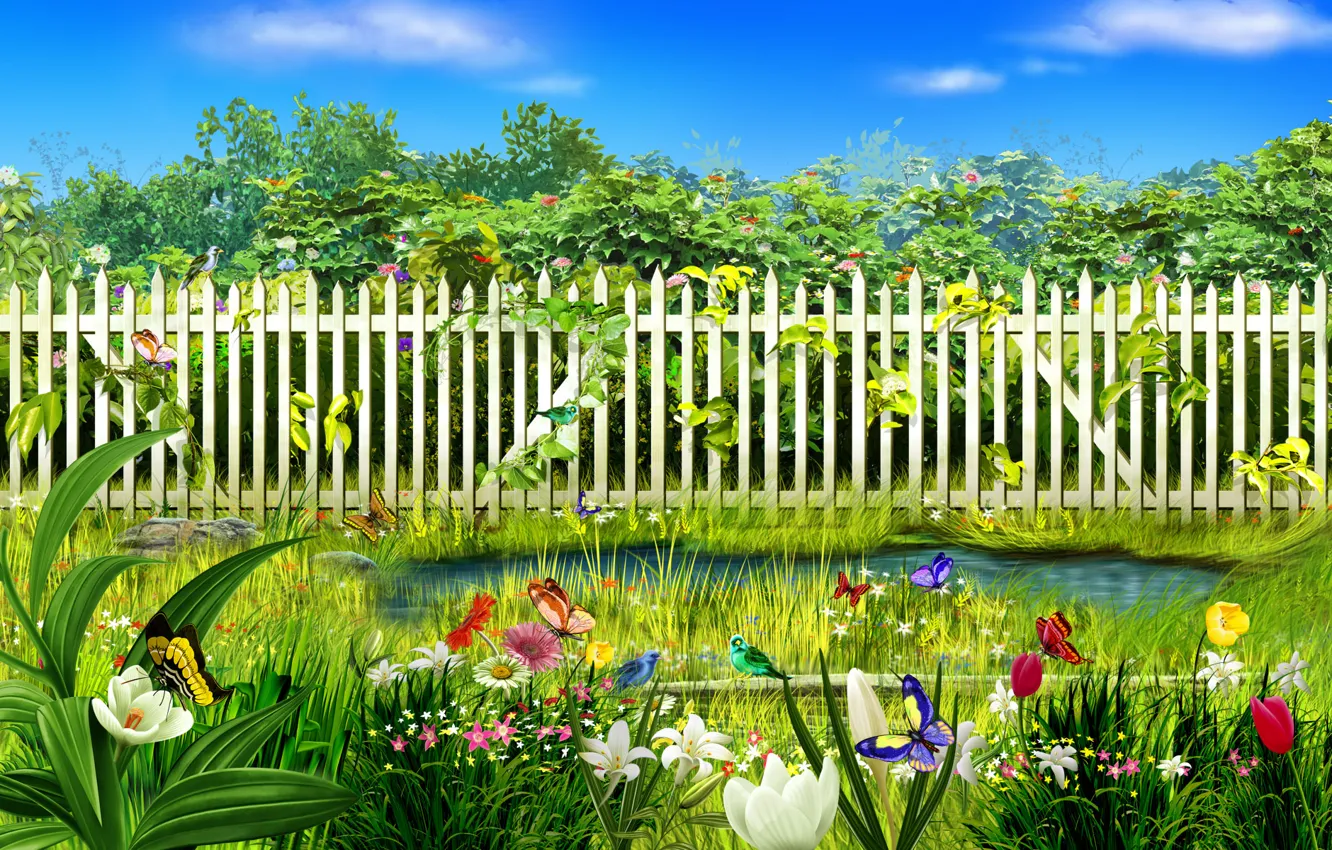 Photo wallpaper grass, water, butterfly, flowers, the fence
