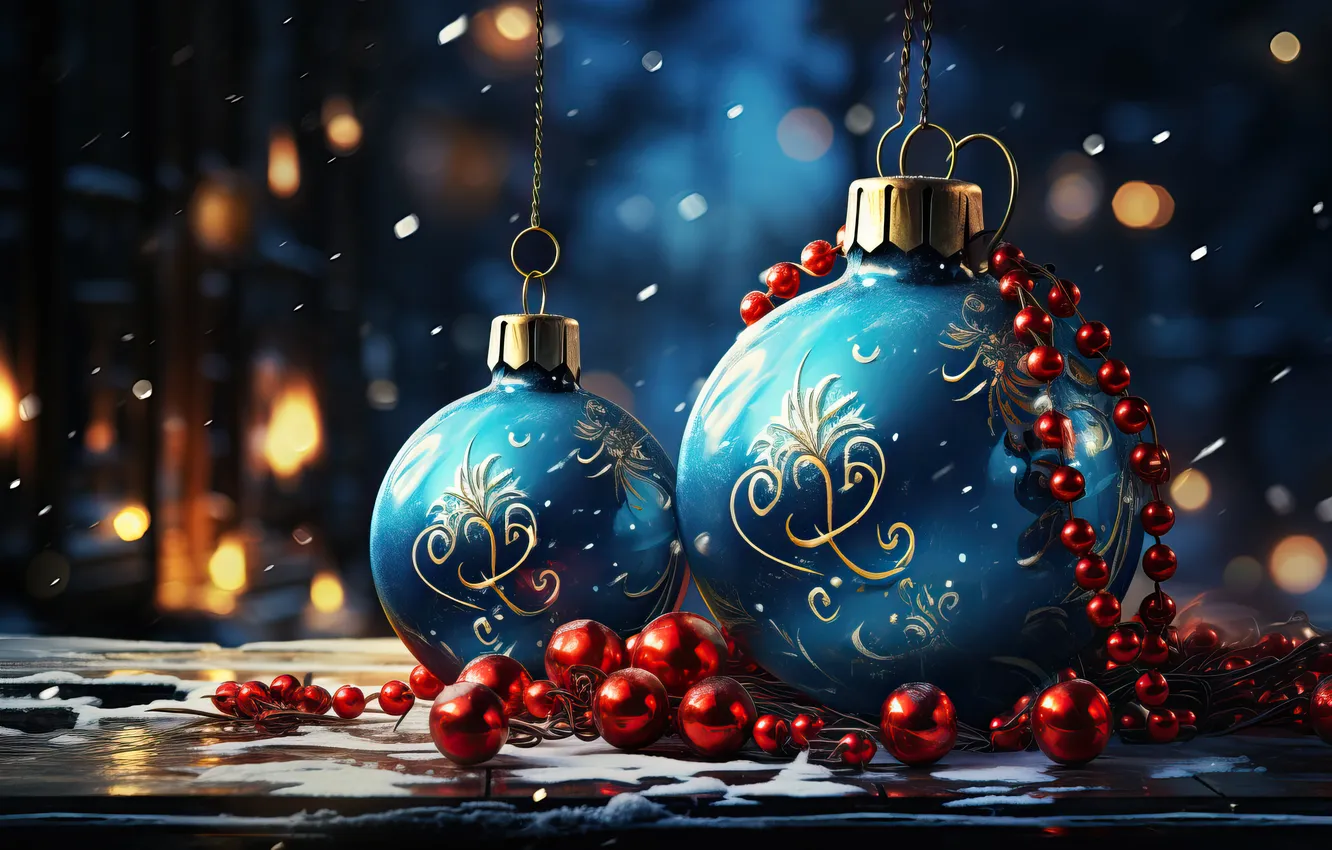 Photo wallpaper snow, decoration, balls, new year, Christmas, Christmas, balls, snow