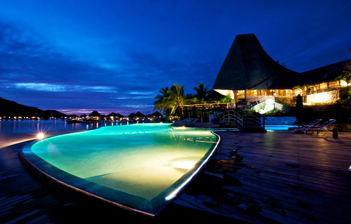 Photo wallpaper tropics, palm trees, the ocean, the evening, pool, resort, Bungalow