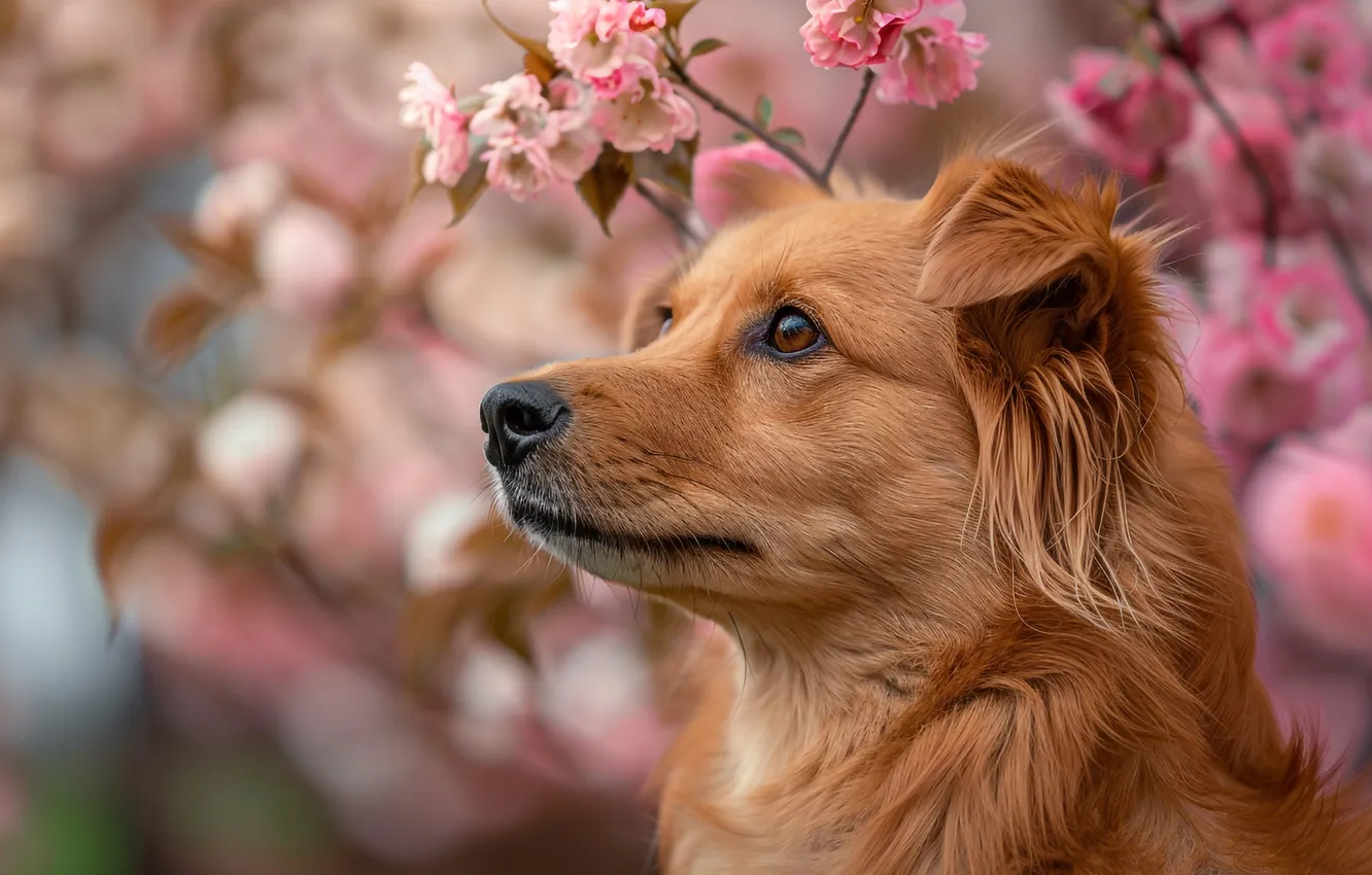 Photo wallpaper look, flowers, branches, portrait, dog, spring, garden, red