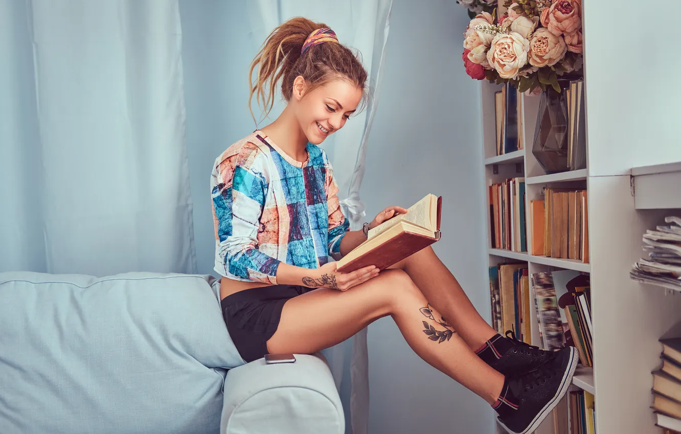 Photo wallpaper girl, young, home, book, sofa, READ, sitting, Tattooed