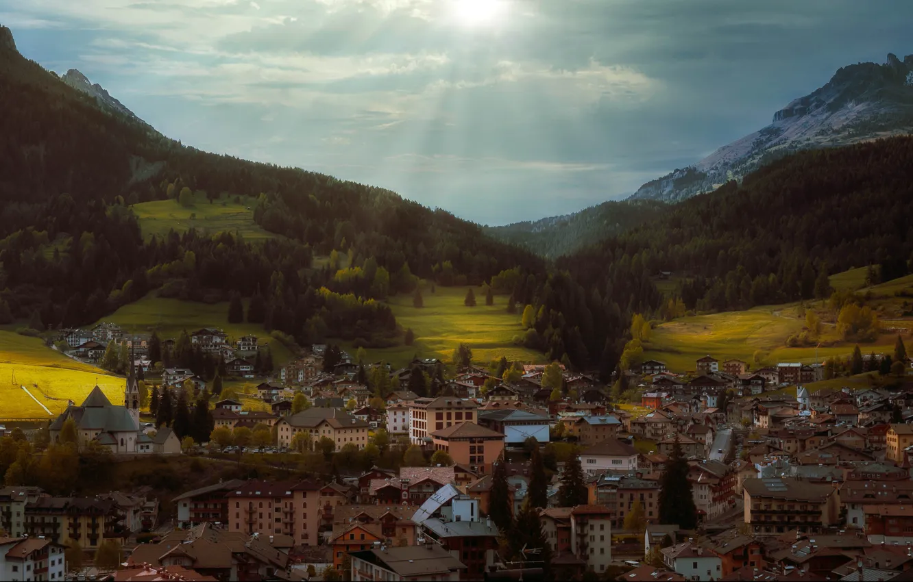 Photo wallpaper forest, the sky, the sun, rays, light, mountains, building, ate